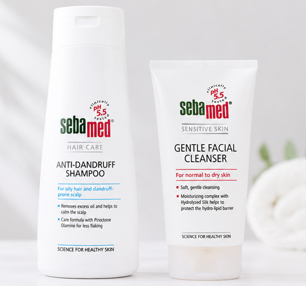Sebamed Anti Dandruff Shampoo (200ml) & Gentle Facial Cleanser for Normal to Dry Skin (150ml) Combo
