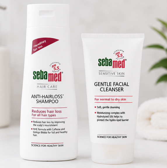 Sebamed Anti Hairloss Shampoo (200ml) & Gentle Facial Cleanser for Normal to Dry Skin (150ml)