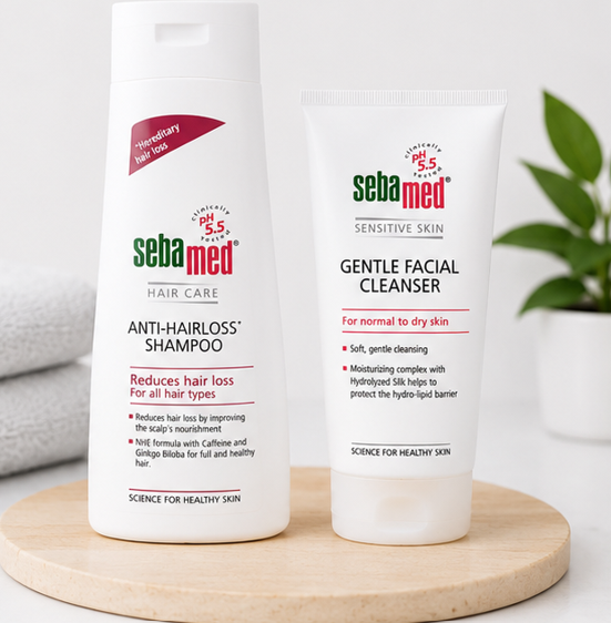 Sebamed Anti Hairloss Shampoo (200ml) & Gentle Facial Cleanser for Normal to Dry Skin (150ml)