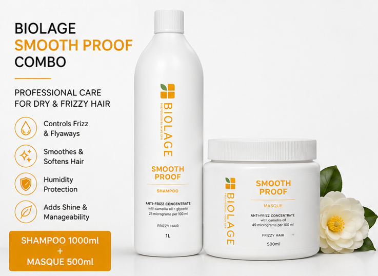 Biolage Smooth Proof Professional Shampoo(1000ml) & Masque (500ml) For Dry And Frizzy Hair Combo