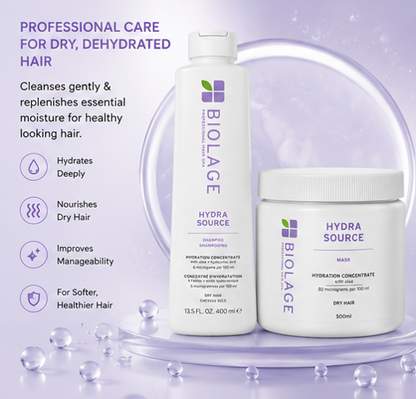 BIOLAGE Hydra Source Shampoo (400ml) & Hydrating Mask for Dry Hair (500gm) Combo