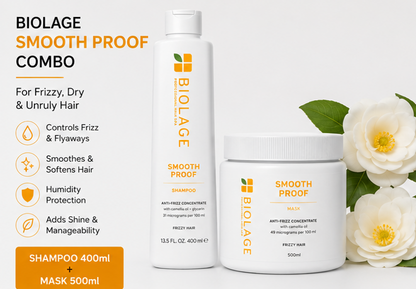 BIOLAGE Smooth Proof Shampoo (400ml) & Anti-Frizz Concentrate Masque (500ml) Combo
