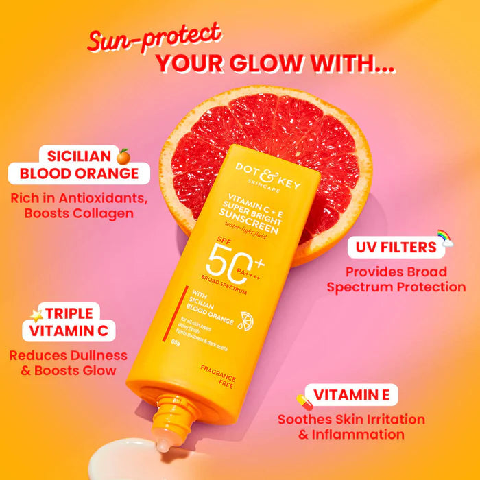 Dot & Key Vitamin C + E Super Bright Sunscreen SPF 50+ PA++++, Water-Light Fluid, Boosts Glow
