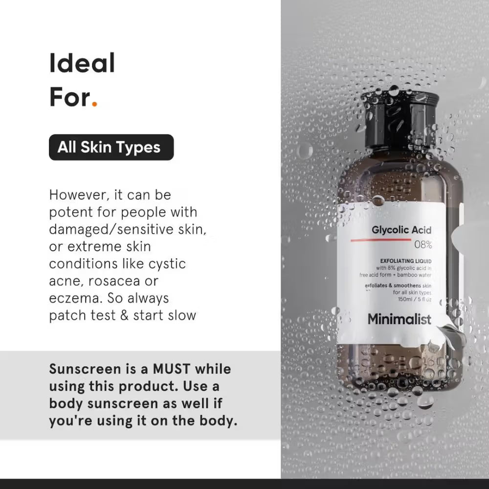 Minimalist 8% Glycolic Acid Toner For Exfoliates Smoothes Skin (150ml)