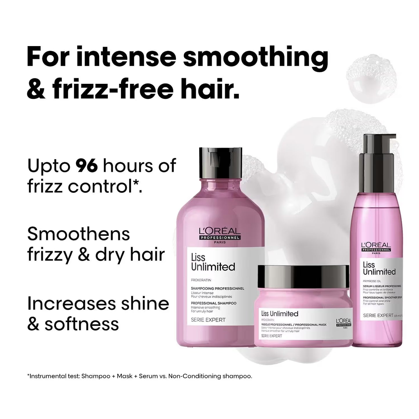 L'OREAL PROFESSIONNEL Liss Unlimited Shampoo (300ml), Hair Mask (250g) & Hair Serum (125ml) Combo