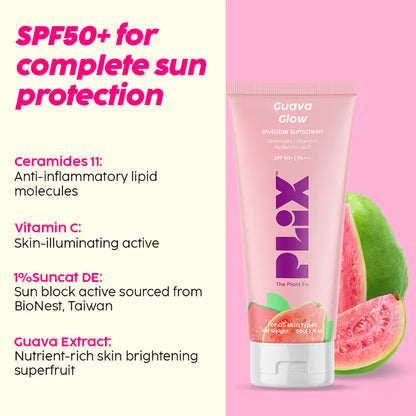 PLIX SPF 50+ Guava Glow Invisible Sunscreen Gel For UV A, UV B Protection with Ceramides and Vit C (50g)