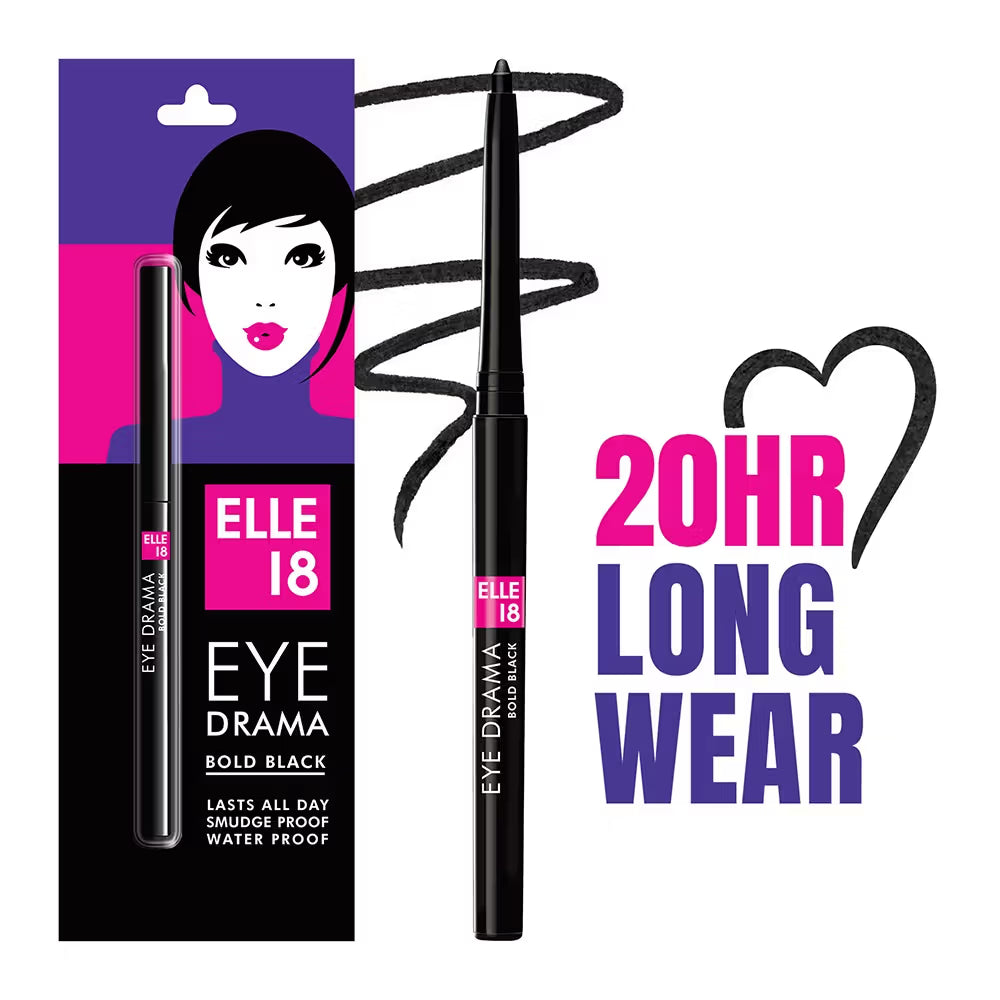 Elle 18 Eye Drama Kajal With 20Hrs Long Stay, Smudgeproof, Waterproof - Bold Black (0.35g)