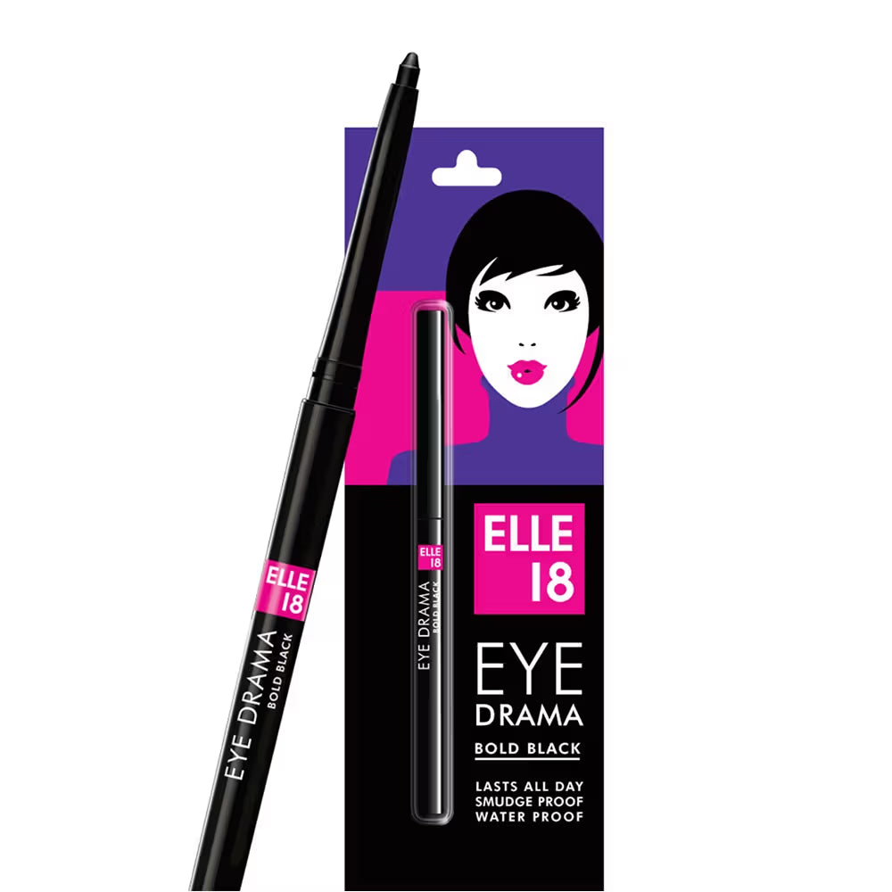 Elle 18 Eye Drama Kajal With 20Hrs Long Stay, Smudgeproof, Waterproof - Bold Black (0.35g)