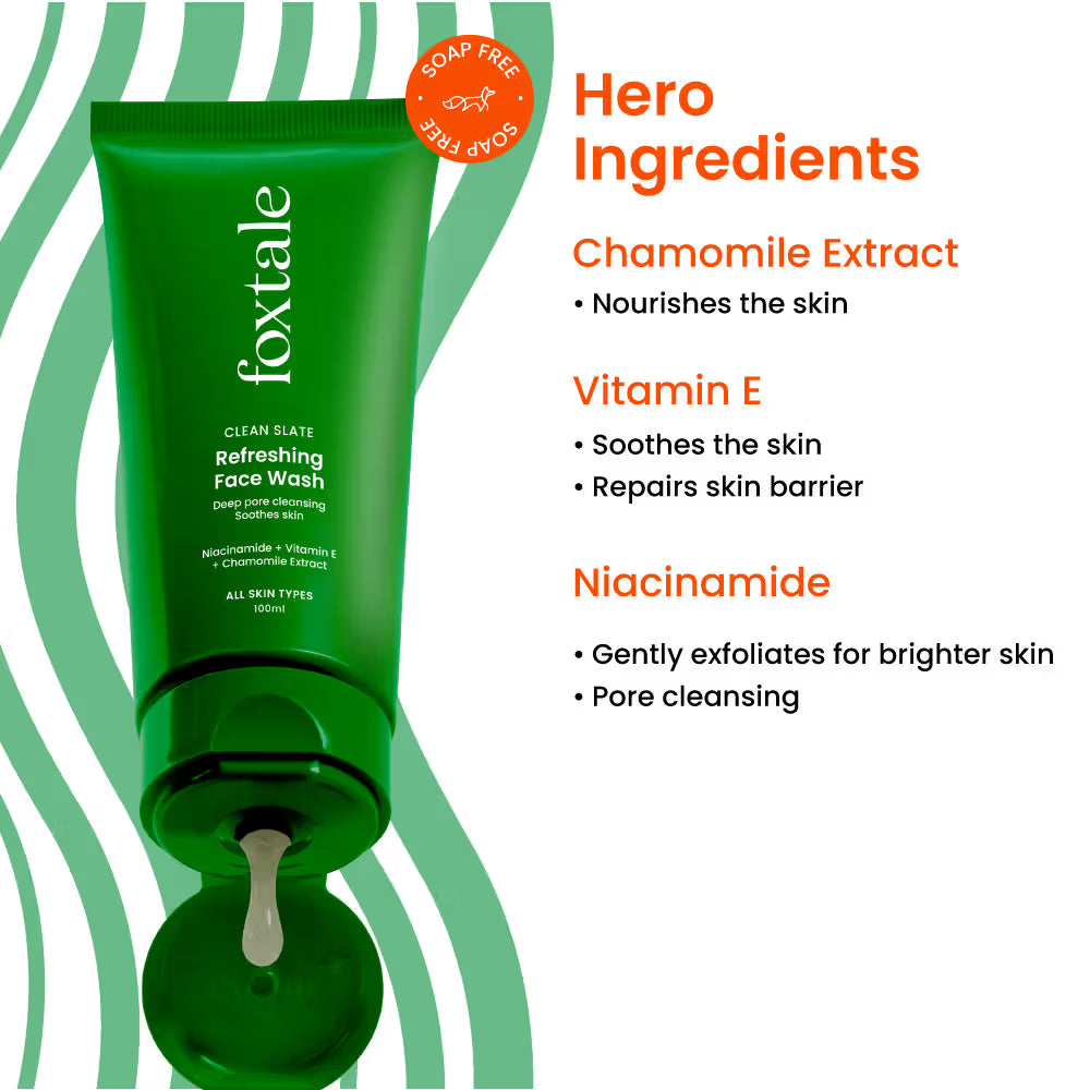 Foxtale Refreshing Face Wash with Niacinamide & Vitamin E, Deeply Cleans Pores and Soothes Skin (100ml)