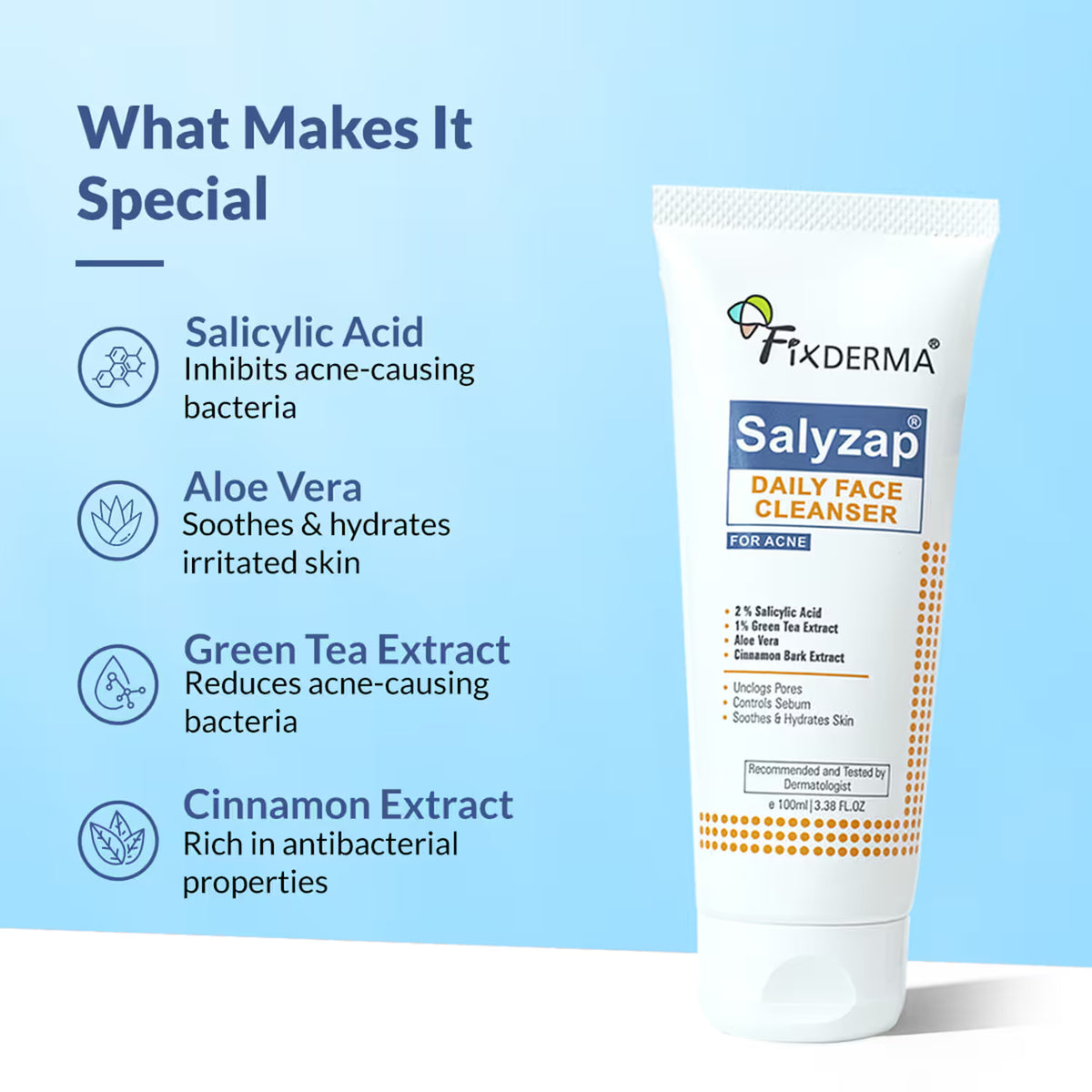 Fixderma Salyzap Face Cleanser 2% Salicylic Acid for Oily & Acne Prone Skin Face Wash (100 ml)