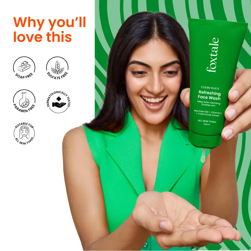 Foxtale Refreshing Face Wash with Niacinamide & Vitamin E, Deeply Cleans Pores and Soothes Skin (100ml)