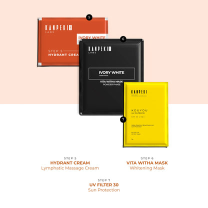 Kanpeki Ivory White - 7 Steps Facial Kit for Hyper-Pigmentation, Dark-Spots, Sun-Tan With Algae Peel Off Mask