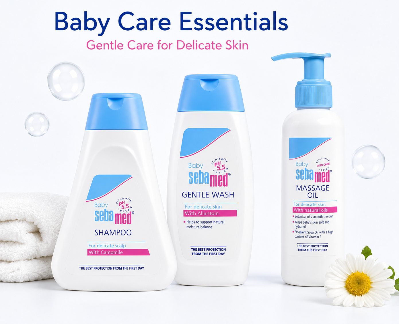 Sebamed Baby Shampoo (150 ml) + Baby Gentle Wash (200 ml) + Soothing Massage Oil (150 ml)
