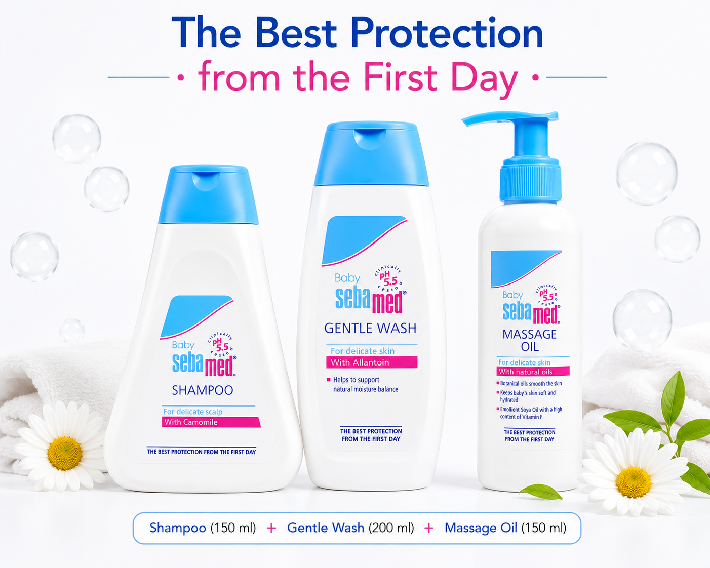 Sebamed Baby Shampoo (150 ml) + Baby Gentle Wash (200 ml) + Soothing Massage Oil (150 ml)